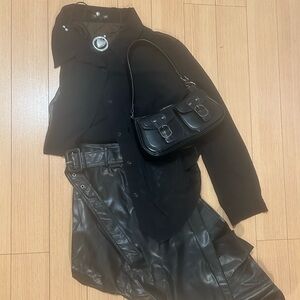 Black Belted Faux Leather Midi Skirt